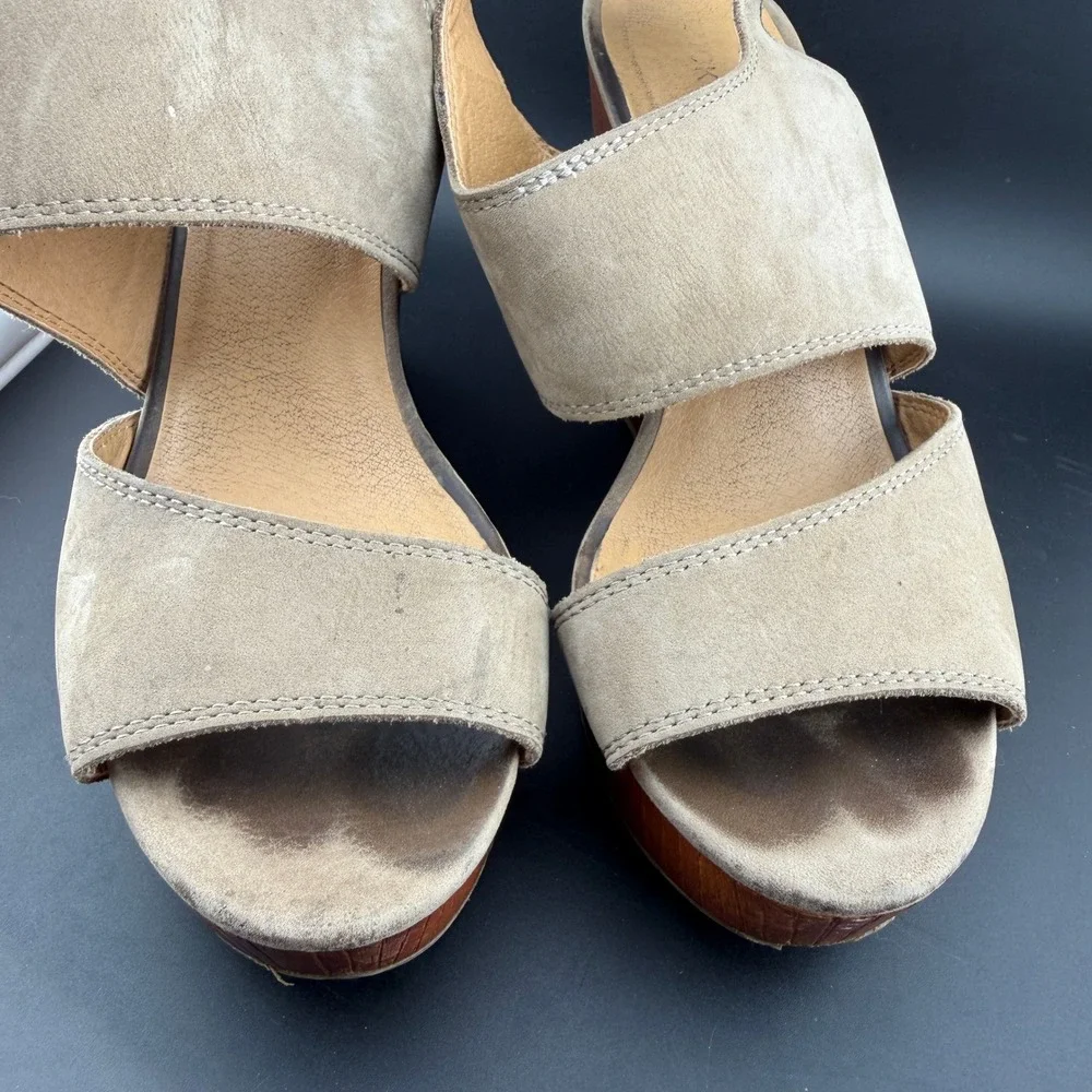 Lucky Brand Taupe Suede Platform Wedge Sandals Buckle Ankle Strap‎ Wood Heel